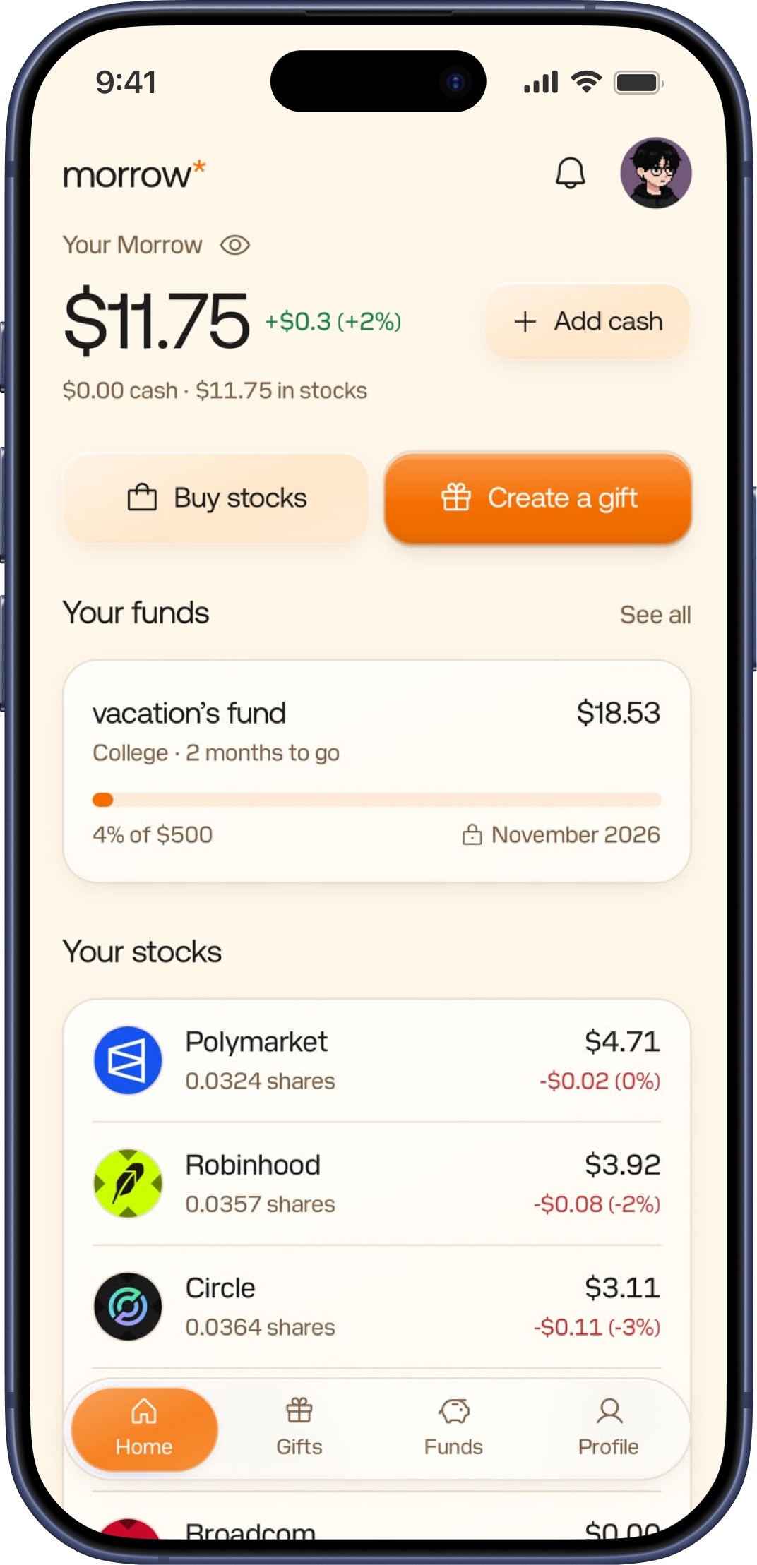 Morrow app home screen